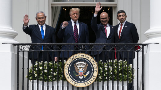 The signing of the Abraham Accords: Israeli Prime Minister Benjamin Netanyahu, left, President Donald Trump, Bahrain Foreign Minister Khalid bin Ahmed Al Khalifa and United Arab Emirates Foreign Minister Abdullah bin Zayed al-Nahyan at the White House in September.