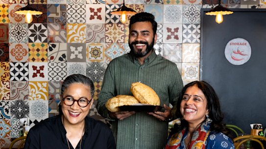 Kylie Kwong with Chatkazz owner-chef Dharmesh Rangparia and Bhavna Kalra at Chatkazz restaurant in Harris Park.