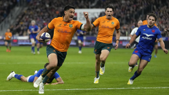 Lalakai Foketi celebrates as he scores a length of the field try against France on the Spring Tour.