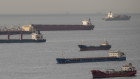 Ships, including grain from Ukraine, await inspections near Istanbul in 2022.