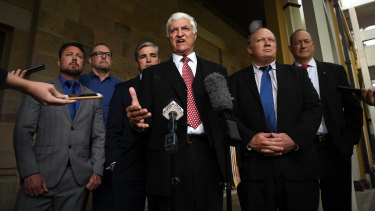 Bob Katter (centre) and KAP Senator Fraser Anning at Thursday's press conference with the party's Queensland state members Shane Knuth (second right), Robbie Katter (third left) and Nick Dametto (left) at Parliament House.