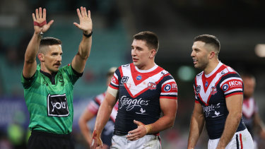 Frustrated Roosters captain James Tedesco reacts as Victor Radley is sent to the sin bin for a high tackle on Saturday night.