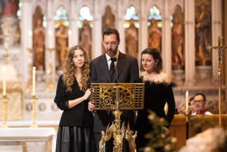 Carla Zampatti’s children Bianca Spender (left), Alex Schuman (centre) and Allegra Spender give their mother’s eulogy.