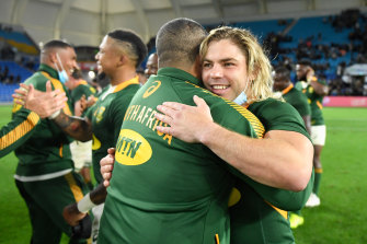 Faf de Klerk celebrates after the victory.