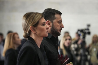 Olena Zelenska attends a memorial service with husband Volodymyr Zelensky in Kyiv on May 17, 2022.