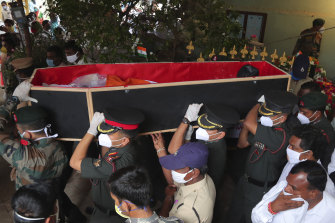 Indian army officers carry the coffin of Colonel B. Santosh Babu, killed during fighting on the China-India border in June, for his funeral in Suryapet, about 140 kilometres from Hyderabad.  