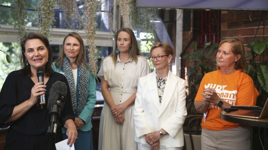 Independent member for Lane Cove Victoria Davidson addresses a Climate 200 event on Sunday flanked by other teal candidates.