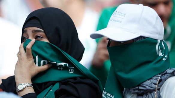 Saudi women seen ahead of the group A match between Russia and Saudi Arabia which opens the 2018 soccer World Cup at the Luzhniki stadium in Moscow. 