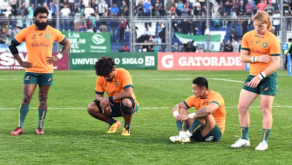 The Wallabies react after losing to Argentina by a record margin.