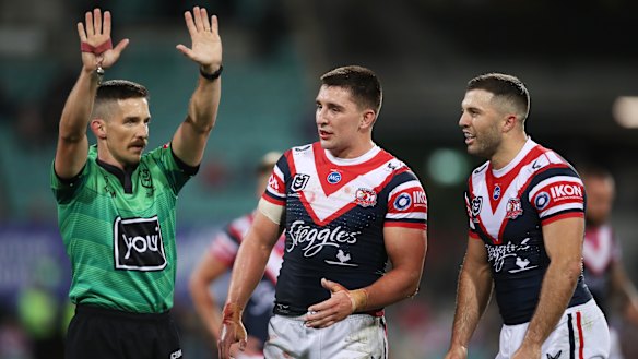 Victor Radley is sent to the sin bin by referee Peter Gough for his tackle on Tevita Pangai jnr in round 11. 