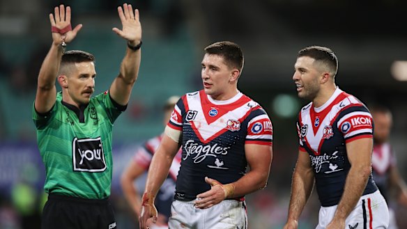Frustrated Roosters captain James Tedesco reacts as Victor Radley is sent to the sin bin for a high tackle.