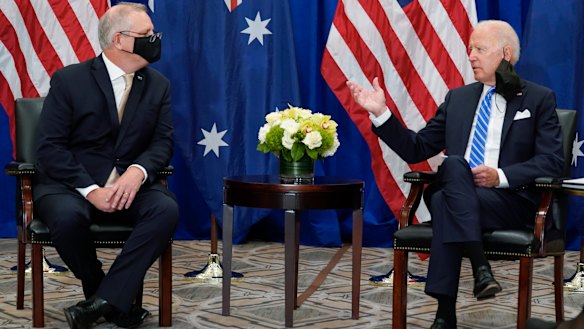Scott Morrison with US President Joe Biden in New York after the AUKUS partnership was announced in September.
