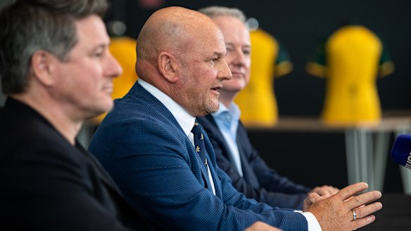 Stan CEO Mike Sneesby, Rugby Australia CEO Rob Clarke and Nine Entertainment Co. CEO Hugh Marks at yesterday's announcement.