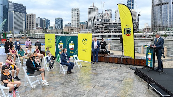 Queensland Minister for Sport Stirling Hinchcliffe speaks during the Australian Olympic Committee announcement.