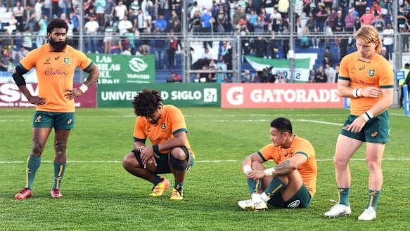 The Wallabies react after losing to Argentina by a record margin.