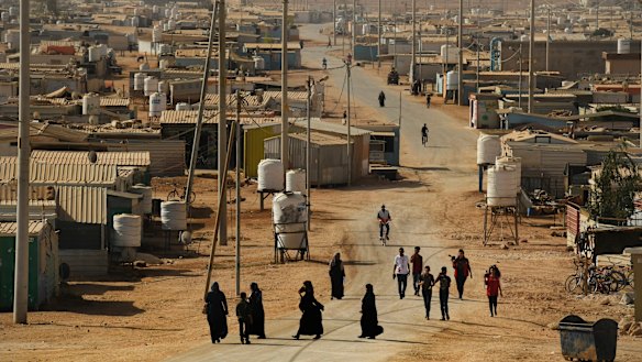 A view of Zaatari camp in Jordan's desert. The Syrian border is to the north.
