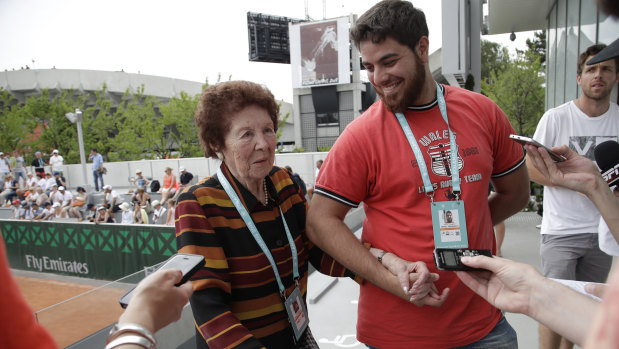 Marco Trungelliti's grandmother Dafne Botta and his brother Andre after the Argentine beat Bernard Tomic on Monday.