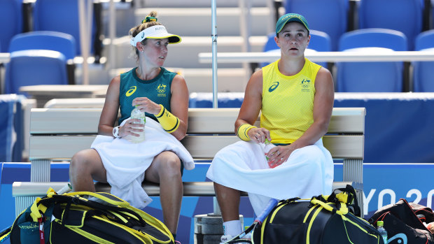 Storm Sanders and Ash Barty during their first round women’s doubles win.