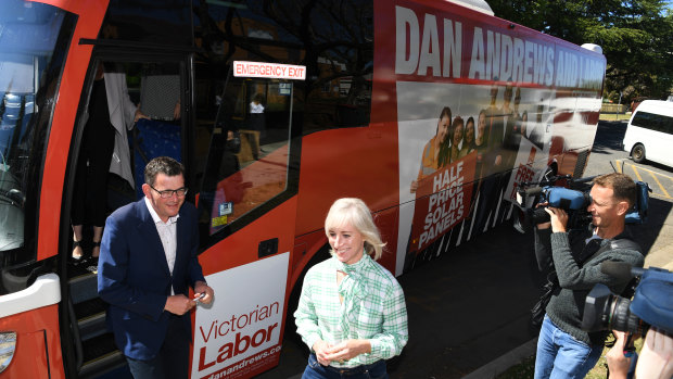 Premier Daniel Andrews boarded his campaign bus again on Tuesday and headed to Morwell.