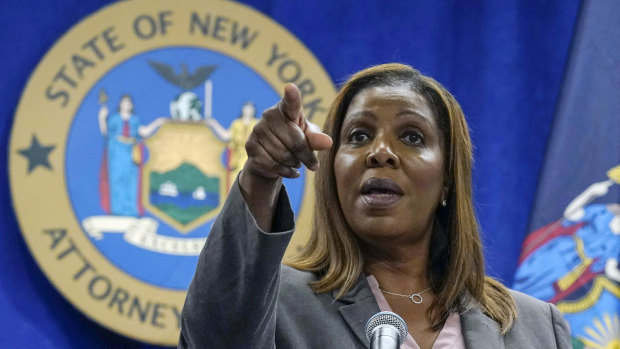 New York Attorney General Letitia James acknowledges questions from journalists at a press conference last year.