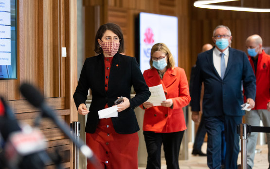 Premier Gladys Berejiklian, with Chief Health Officer Kerry Chant and Health Minister Brad Hazzard, who have been called to a parliamentary COVID inquiry on Tuesday.