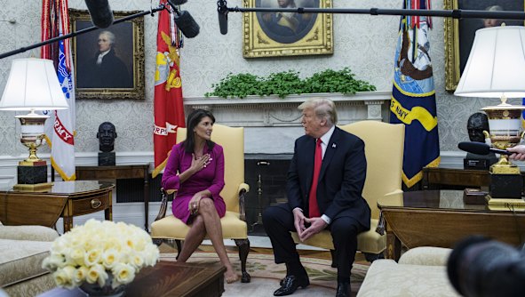 Nikki Haley, US ambassador to the United Nations, and US President Donald Trump at the White House on Tuesday.