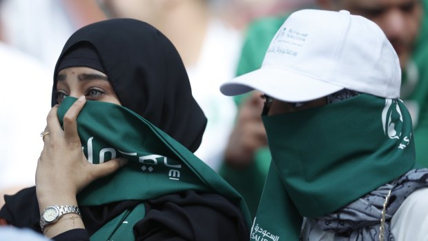 Saudi women seen ahead of the group A match between Russia and Saudi Arabia which opens the 2018 soccer World Cup at the Luzhniki stadium in Moscow. 