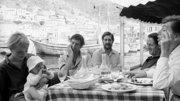 Marianne Ihlen with her baby son, Axel Jensen, with Leonard Cohen, an unidentified friend and George Johnston and Charmian Clift on Hydra in October 1960. 