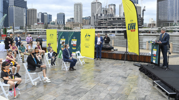 Queensland Sports Minister Stirling Hinchcliffe speaks at South Bank during the announcement of the Olympics Live sites.