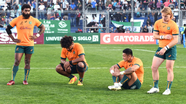 The Wallabies react after losing to Argentina by a record margin.