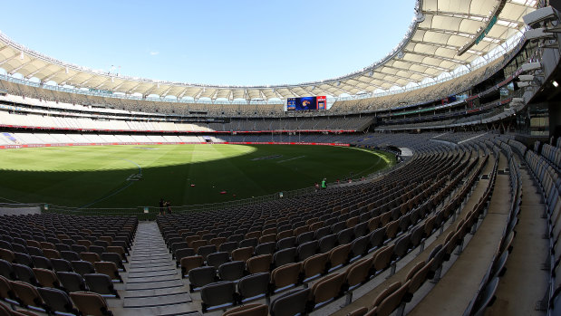 An empty Optus Stadium awaiting the derby between the Eagles and Dockers.