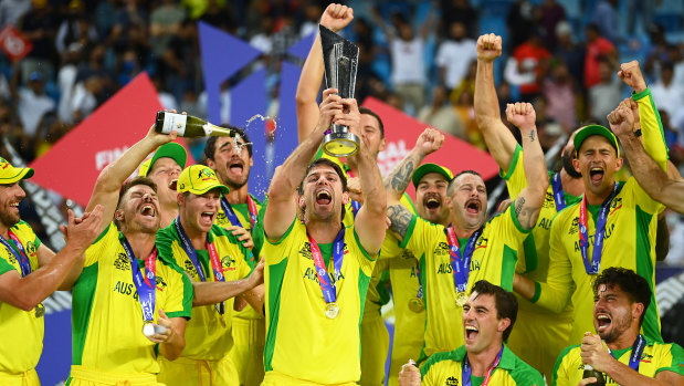 A victorious Australia after defeating New Zealand to claim the men’s T20 World Cup.
