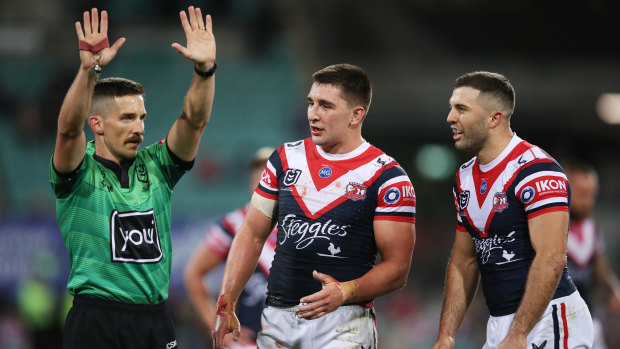 Frustrated Roosters captain James Tedesco reacts as Victor Radley is sent to the sin bin for a high tackle.