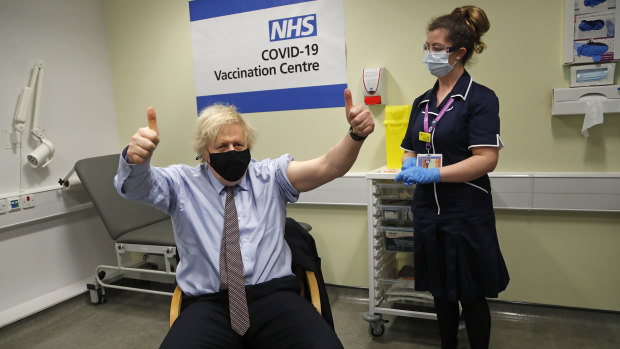 Boris Johnson after receiving his own vaccination in March. 