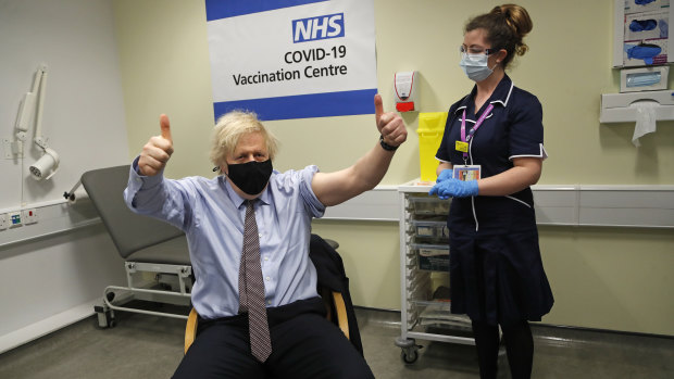 British Prime Minister Boris Johnson after receiving his first dose of AstraZeneca in March. 