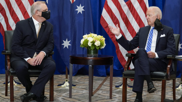 Scott Morrison with US President Joe Biden in New York after the AUKUS partnership was announced in September.