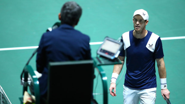 Murray argues with the umpire over a line call.