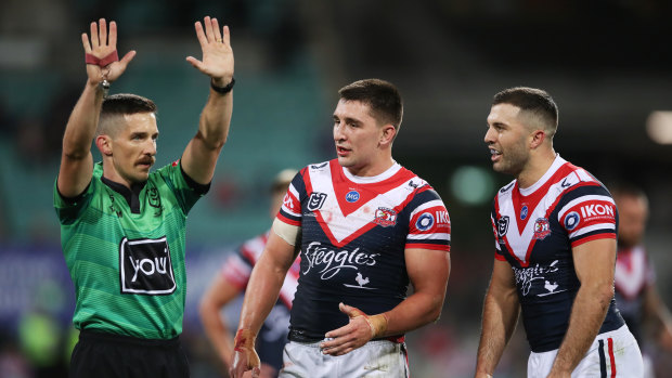 Frustrated Roosters captain James Tedesco reacts as Victor Radley is sent to the sin bin for a high tackle on Saturday night.