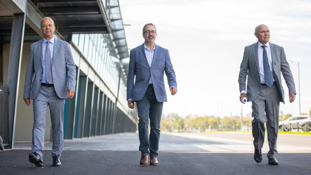 Australian Grand Prix chief executive Andrew Westacott, Victorian Minister for Tourism, Sport and Major Events, Martin Pakula and Australian Grand Prix chair Paul Little on Wednesday. 