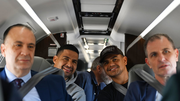 From left, Peter V’landys, Cody Walker, Latrell Mitchell and News Corp editor Ben English on the flight to Moree earlier this month.