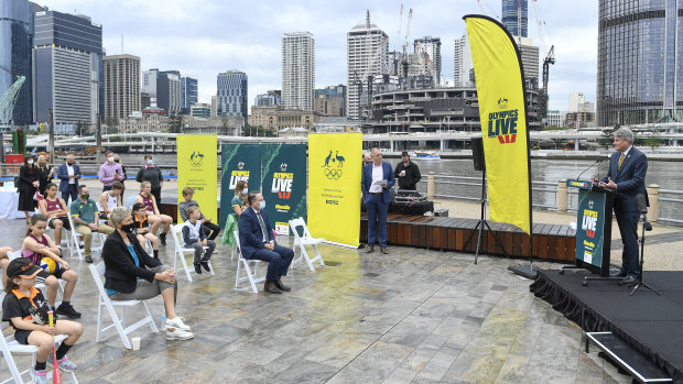 Queensland Minister for Sport Stirling Hinchcliffe speaks during the Australian Olympic Committee announcement.