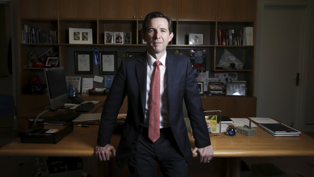 Trade Minister Simon Birmingham in his Parliament House office. 
