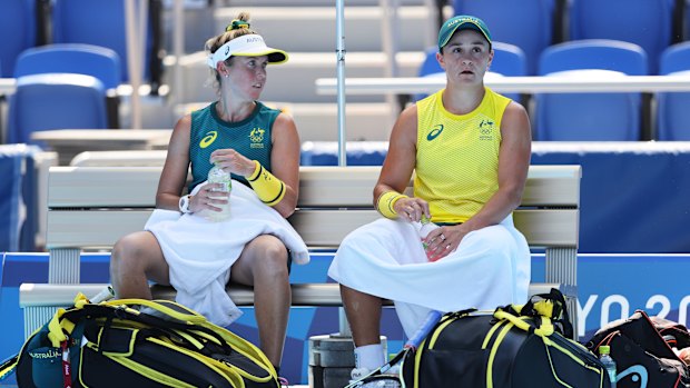 Storm Sanders and Ash Barty during their first round women’s doubles win.