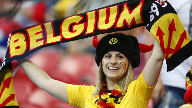 A Belgian fan during the quarterfinal match between Brazil and Belgium.