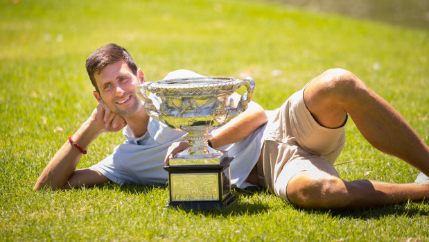 Novak Djokovic kicks back in the Botanical Gardens after winning his seventh Australian Open title.