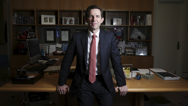 Trade Minister Simon Birmingham in his Parliament House office. 