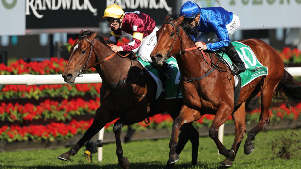 Jason Collett aboard Tailleur (right) beats Tim Clark riding Switched to win at Randwick on Saturday.