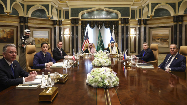 US Secretary of State Marco Rubio, (second left) leads a delegation in talks with Russian Foreign Minister Sergey Lavrov (right) in Riyadh, Saudi Arabia.