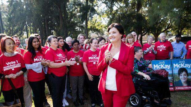 Jodi McKay announces her bid to lead the NSW Labor Party, surrounded by her supporters in her electorate at Homebush West.