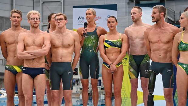 Australia’s leading swimmers at the unveiling of  the Speedo race suits on Thursday.